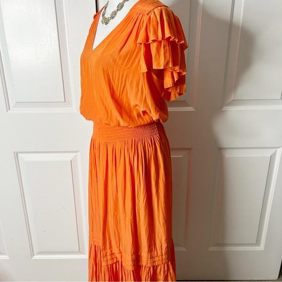 Ramy Brooke Bambi Rouched Ruffle Orange Silk Dress (size M) - Picture 3 of 6